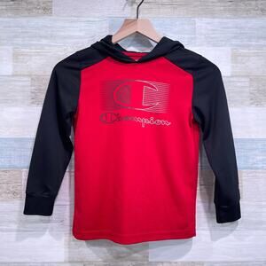 CHAMPION Lightweight Hooded Raglan Pullover Tee Black Red Colorblock Boys 7 8